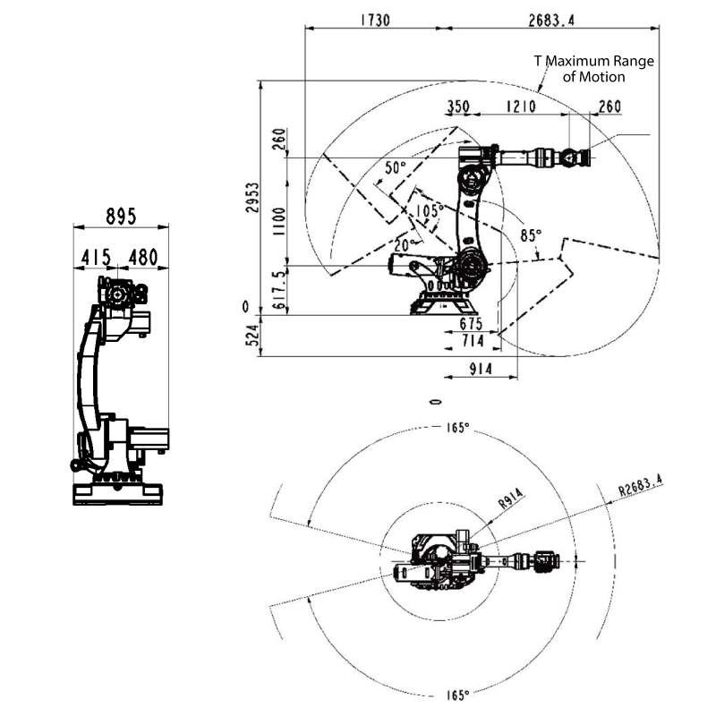 ROBOT SIZE DIMENSION & MAXIMUM MOTION RANGE VBR210-1